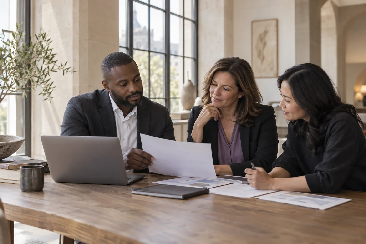 Illustrative consulting scene: professionals reviewing a business document together